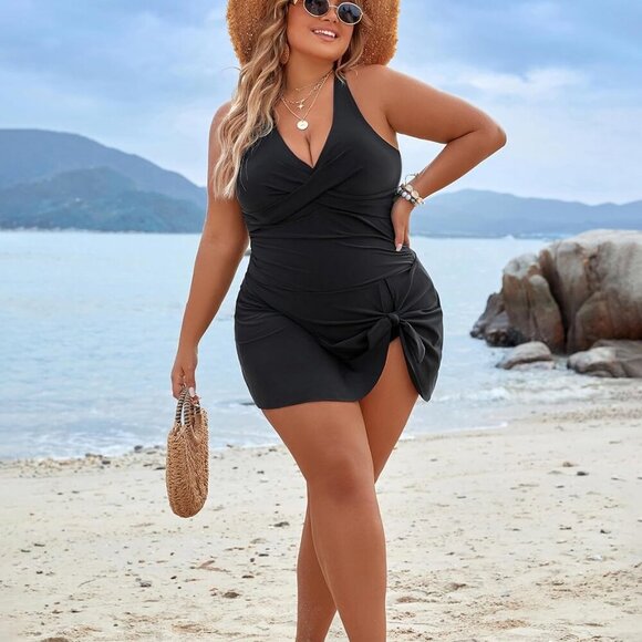 Women Plus Size Black Swim Dress with Ruched Detail and Built-In Skirt, X-Large - Picture 5 of 8